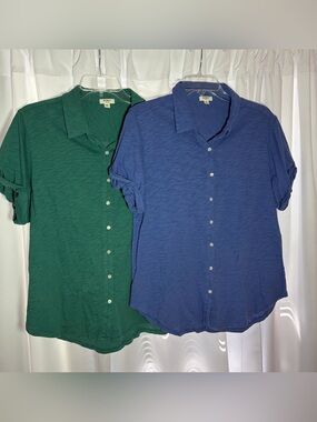 DYLAN Bundle of 2 Short Sleeve Button Up Cotton Top size M- Blue & Green